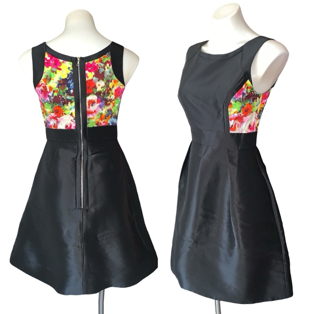 NEW Theia Taffeta Dress Fit & Flare Black Floral